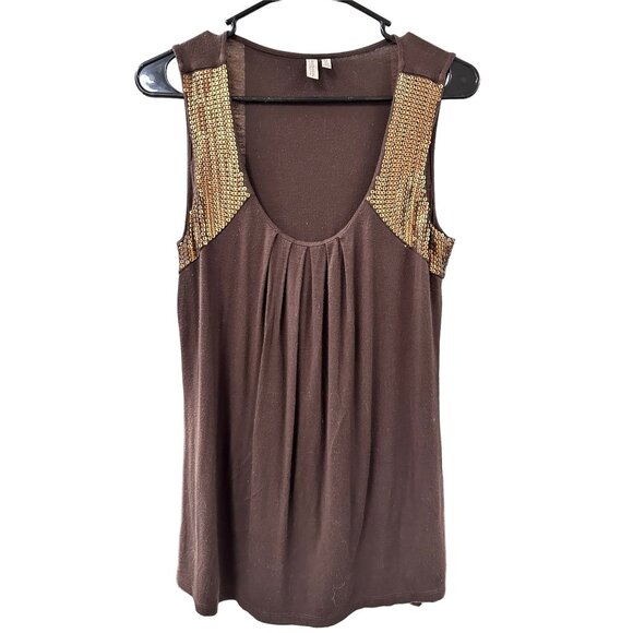 🌸3/$15🌸Dark Brown with Gold Sequin Accent Shoulders Sleeveless Blouse sz M - Picture 1 of 4